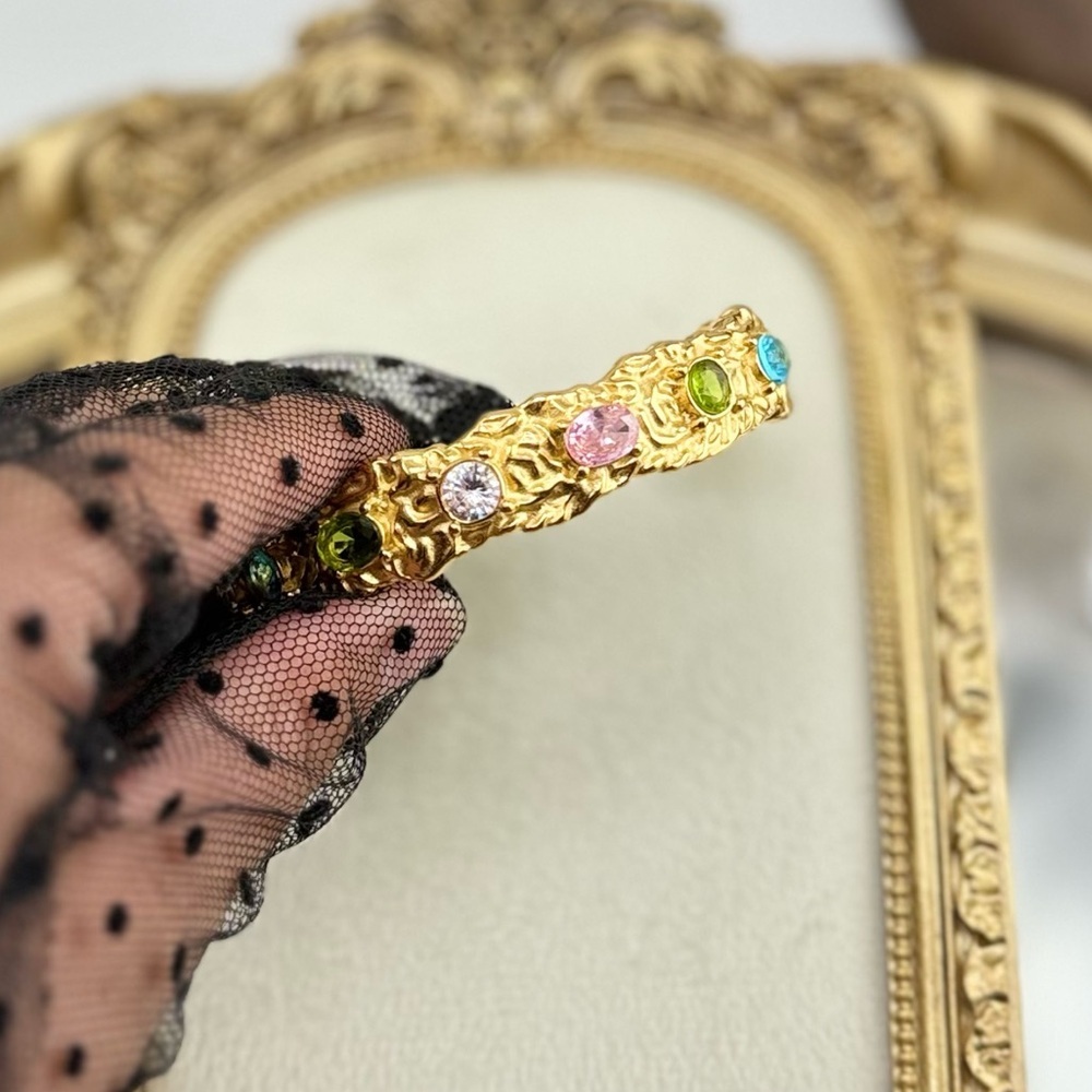 Colorful Gemstone Cuff Bracelet – 18K Gold Plated on Stainless Steel - Picture 8 of 10